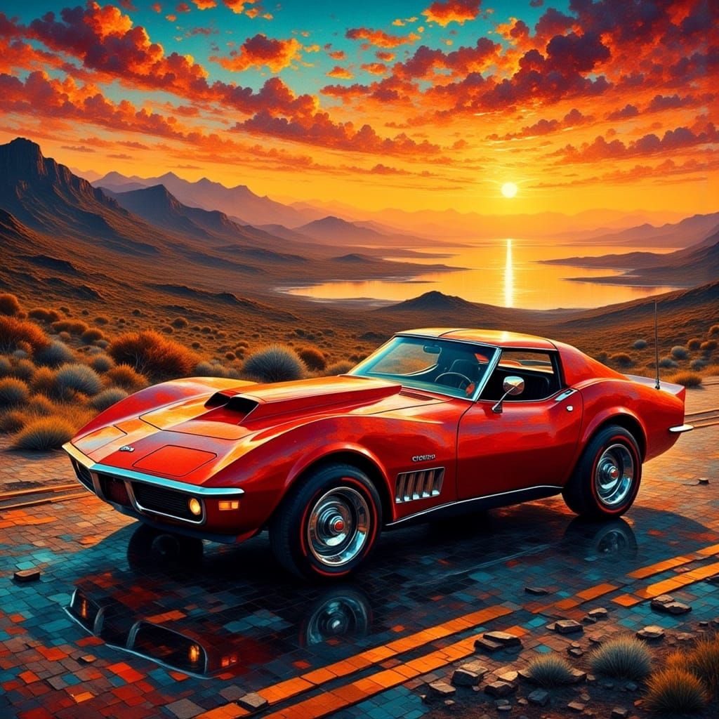 Stylized 1969 Corvette Stingray at Sunset in a Coastal Highw...