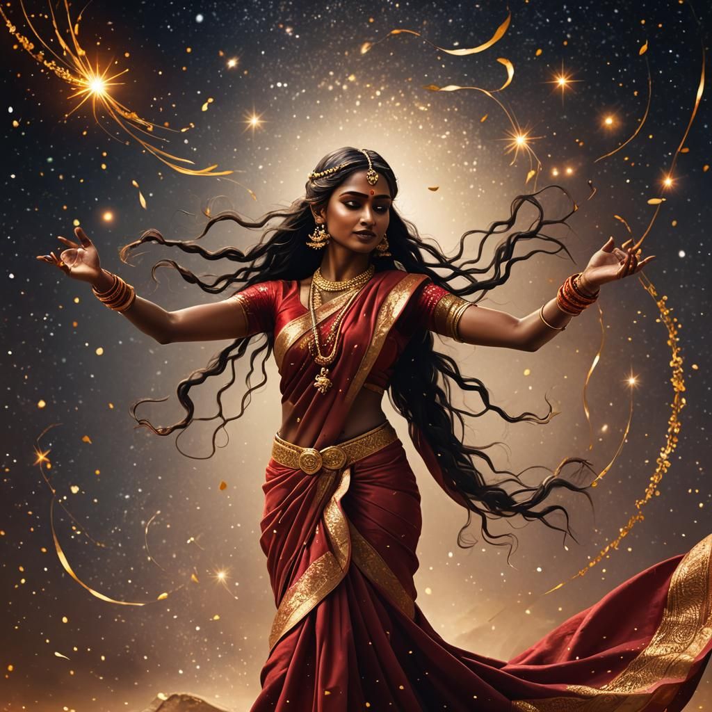 Hindu Woman Dancing Among Stars in Fantasy Style