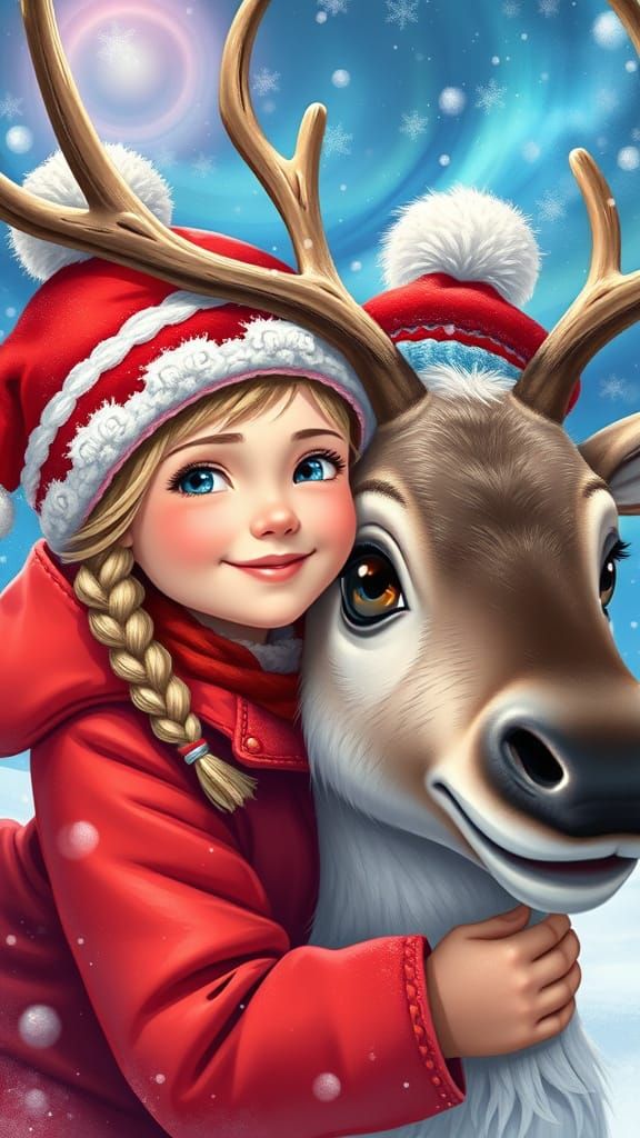 Girl Embraces Reindeer in Magical Winter Wonderland
