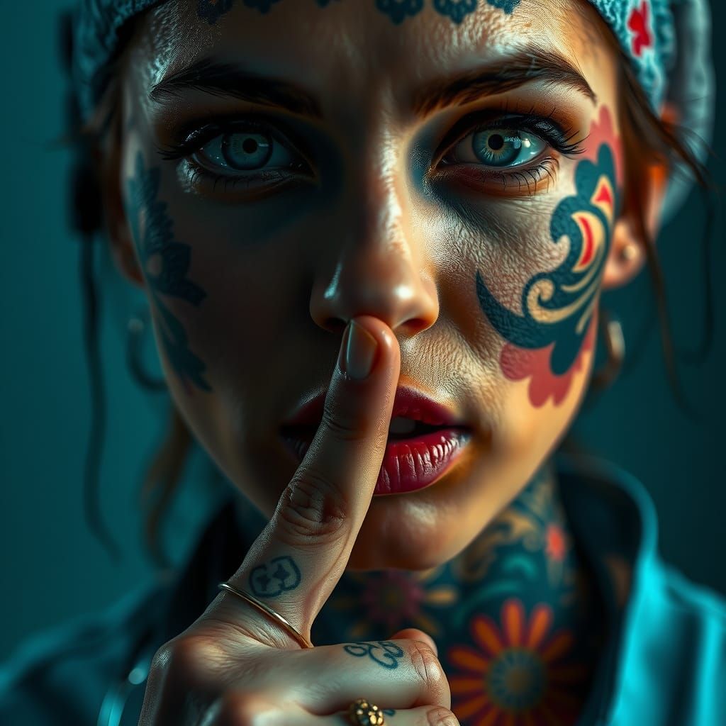 Tattooed Nurse Beckons Silence: Moody Close-Up Portrait