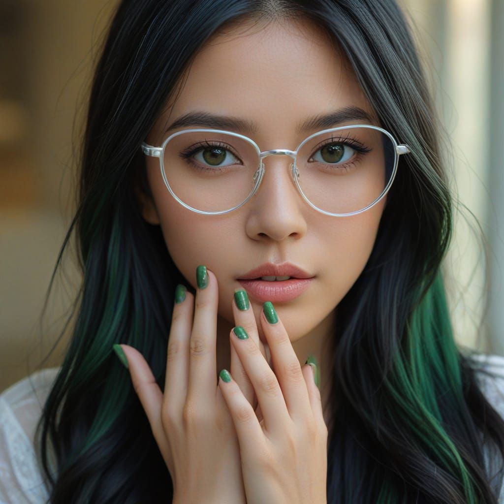 Portrait of Asian Girl with Green Highlights
