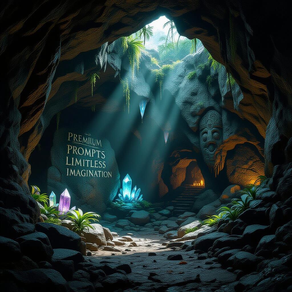 Glowing Crystals in Ancient Jungle Cave, Fantasy Concept Art
