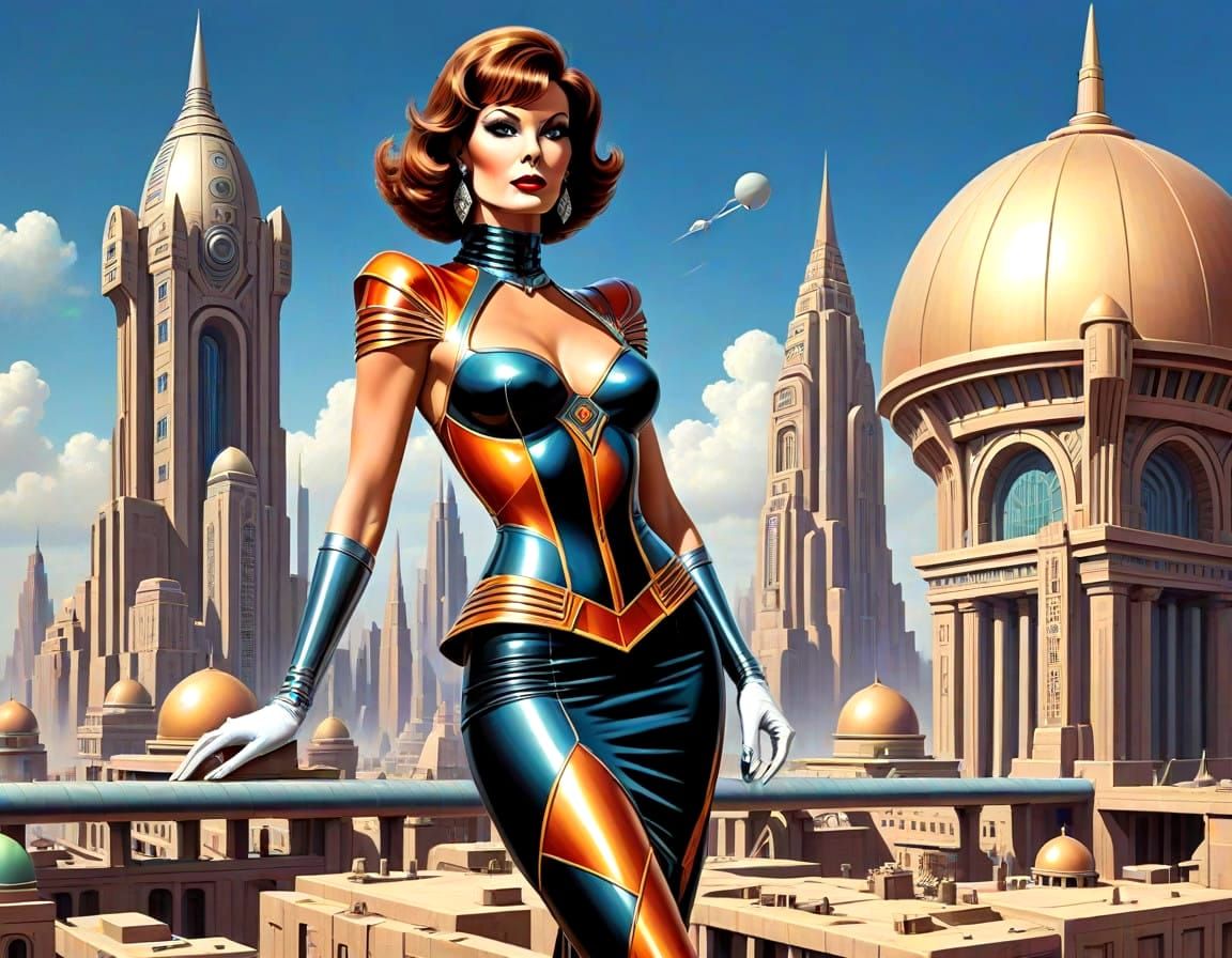 Retro-Futuristic Pinup Girl in Ancient Cityscape