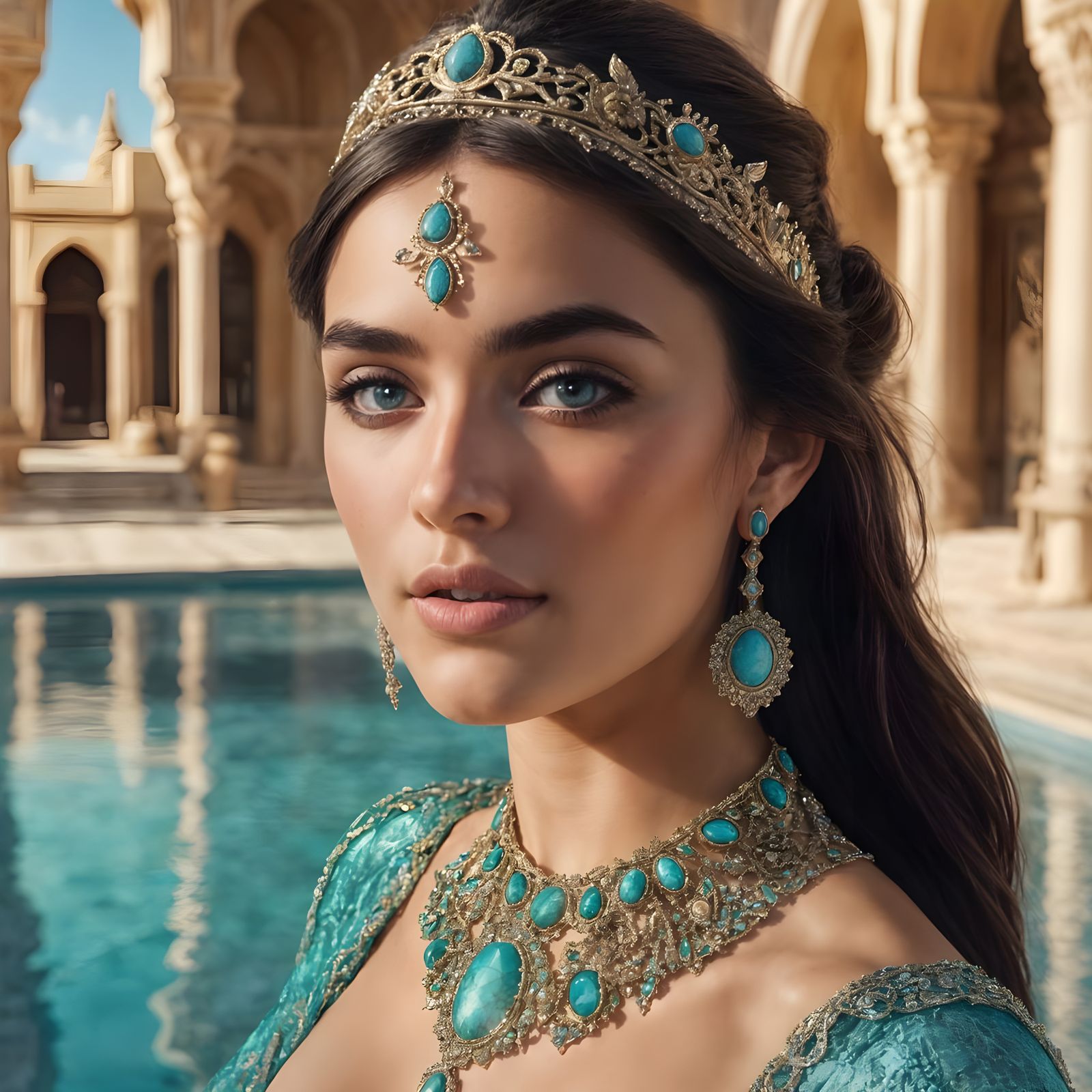 High Fashion Model in Turquoise Palace Garden