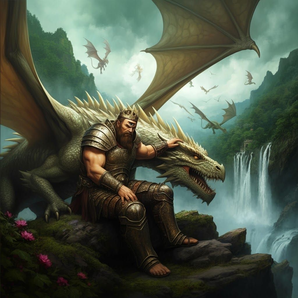 Cyclops King Petting Dragon in High-Fantasy Style
