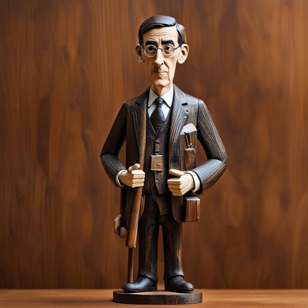 A carved wooden caricature model of Jacob Rees-Mogg. (British politician)