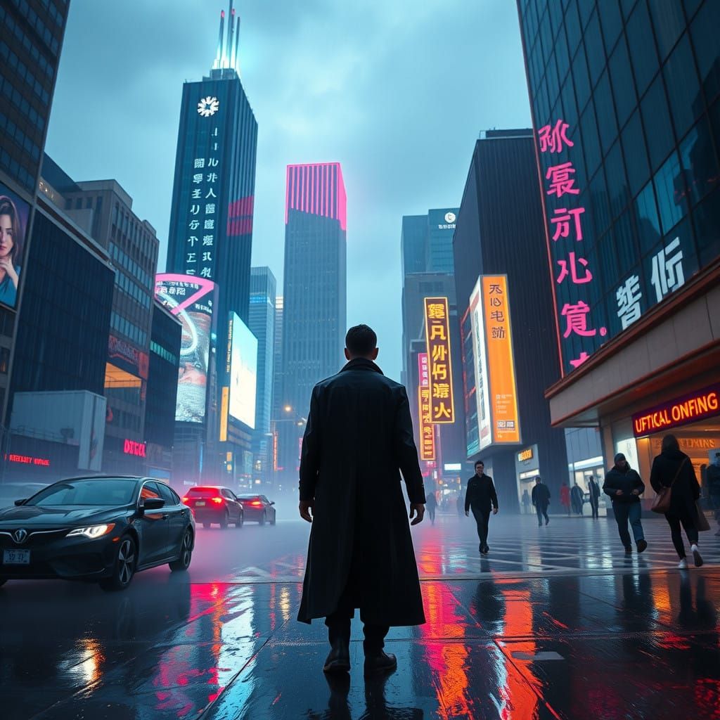 Surreal Cyberpunk Cityscape at Twilight, with Neon Lights an...