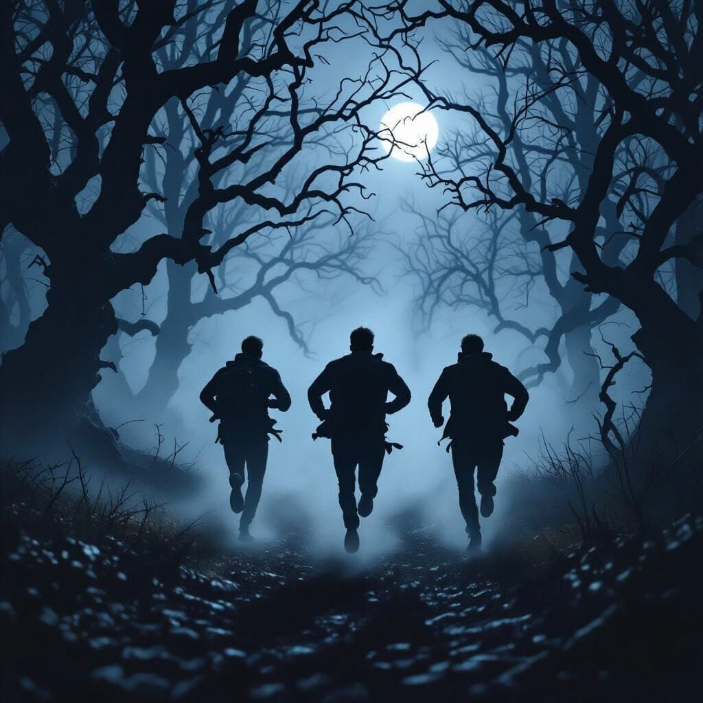 Men Running Through Forest at Midnight, Moody Landscape