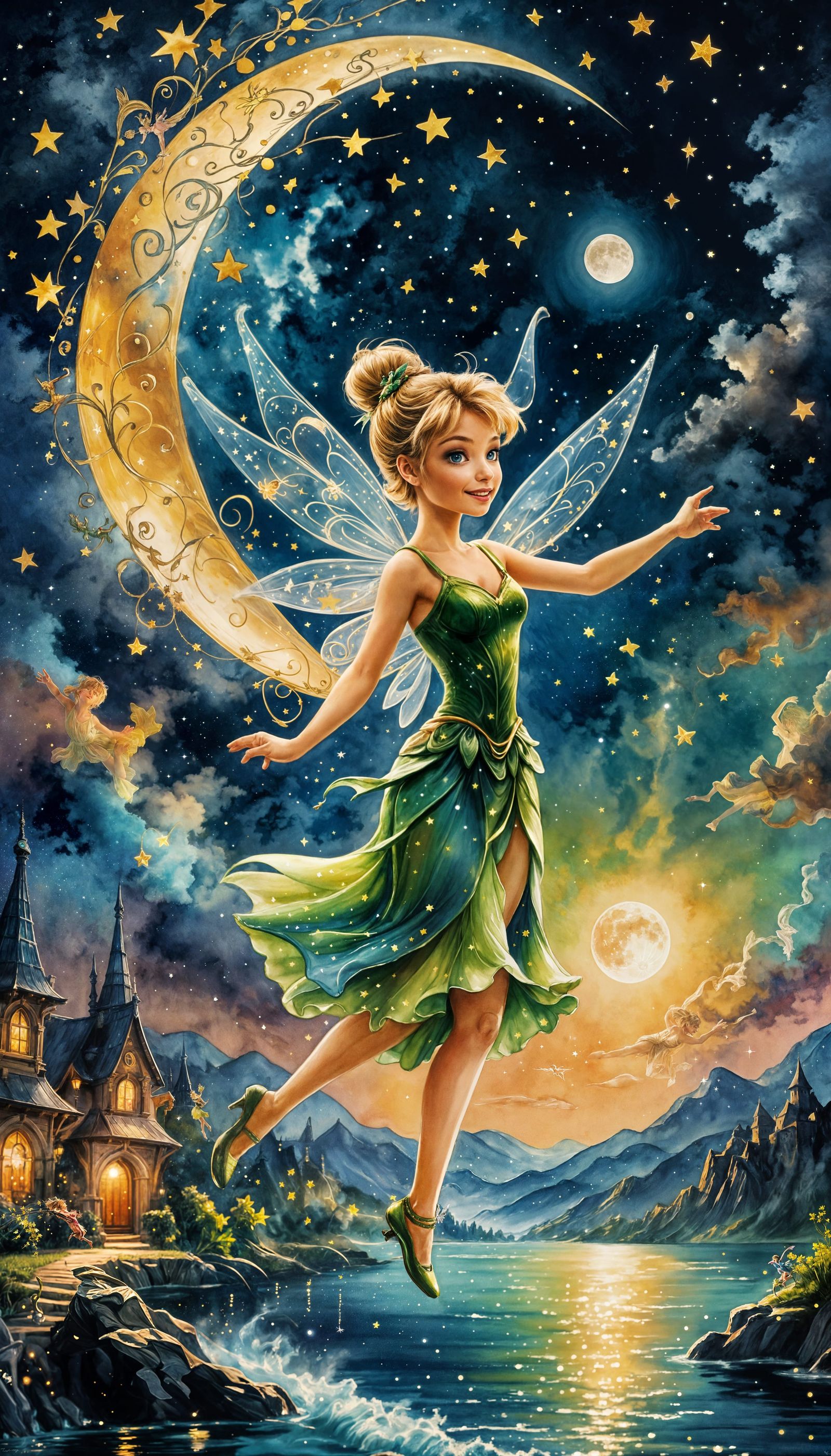 Tinkerbell Dances in Starry Sky: Watercolor Fantasy Art