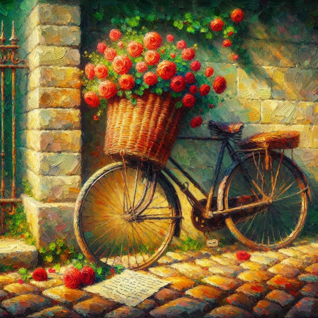 Post-Impressionist Bicycle Scene with Red Roses and Handwrit...
