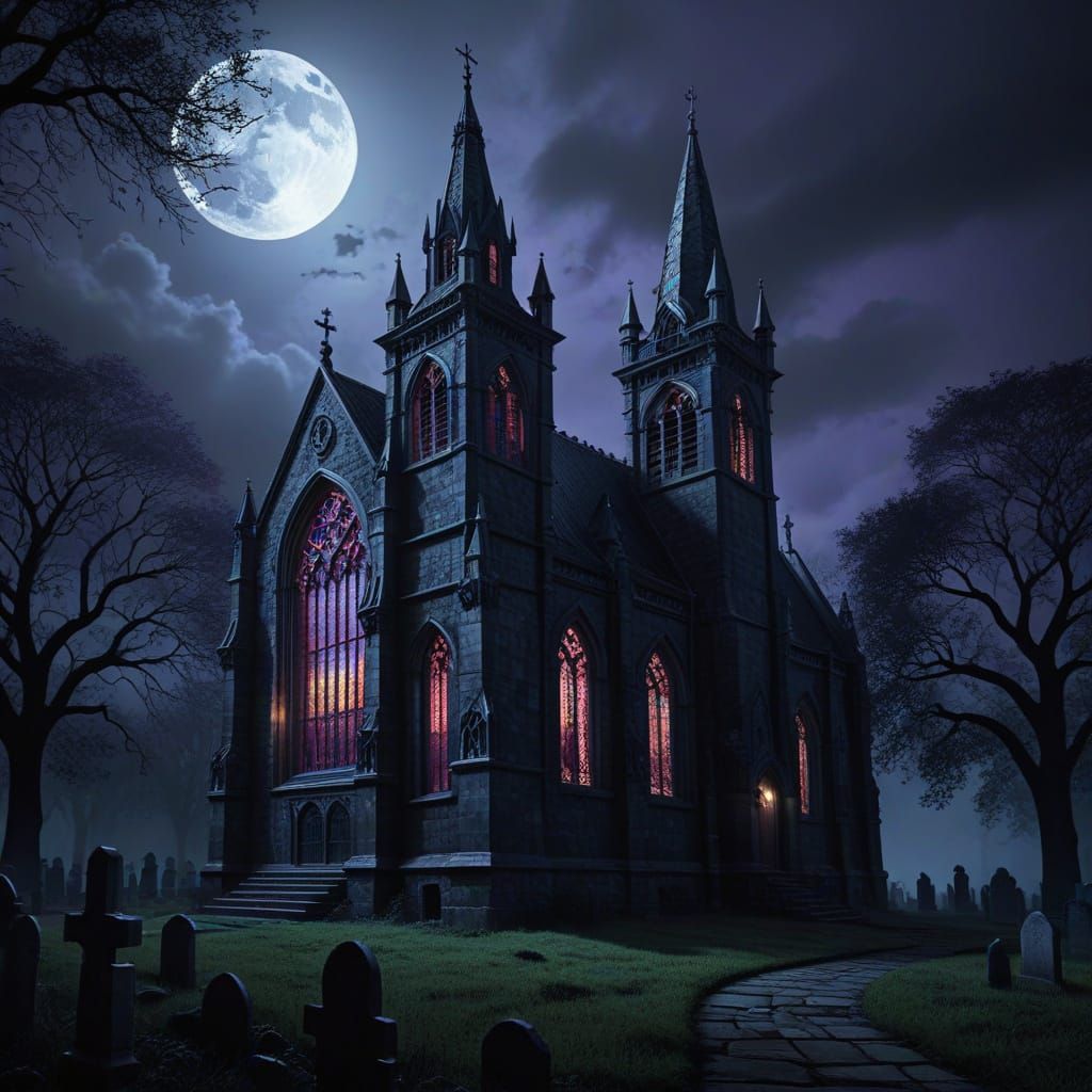 Gothic Churchyard at Dusk in a Mystical Atmosphere