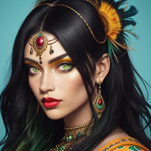 Split-Screen Portrait with Gold Skin and Peacock Feathers