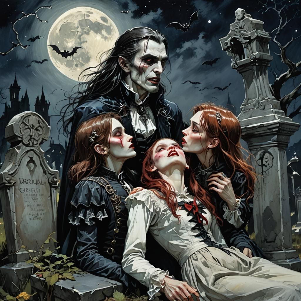 Vampire Daughters' Gothic Graveyard Bite: Dark Fantasy Art