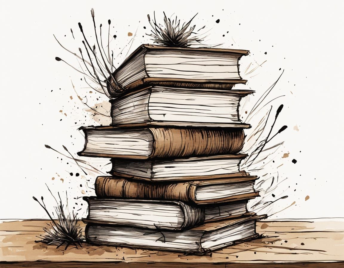 Towering Book Stack in Whimsical Pen and Ink