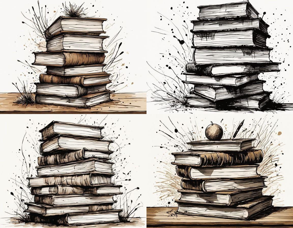 Tall Stack of Books in Whimsical Pen and Ink Style