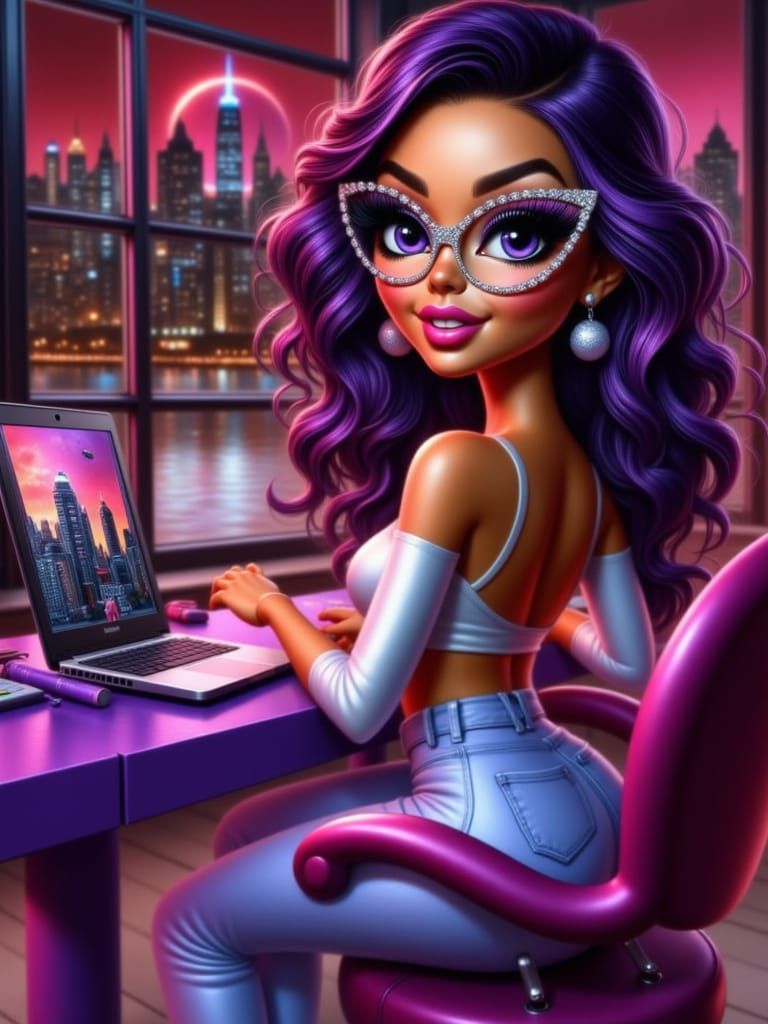 Bratz Style Woman with Purple Hair and Neon Cityscape