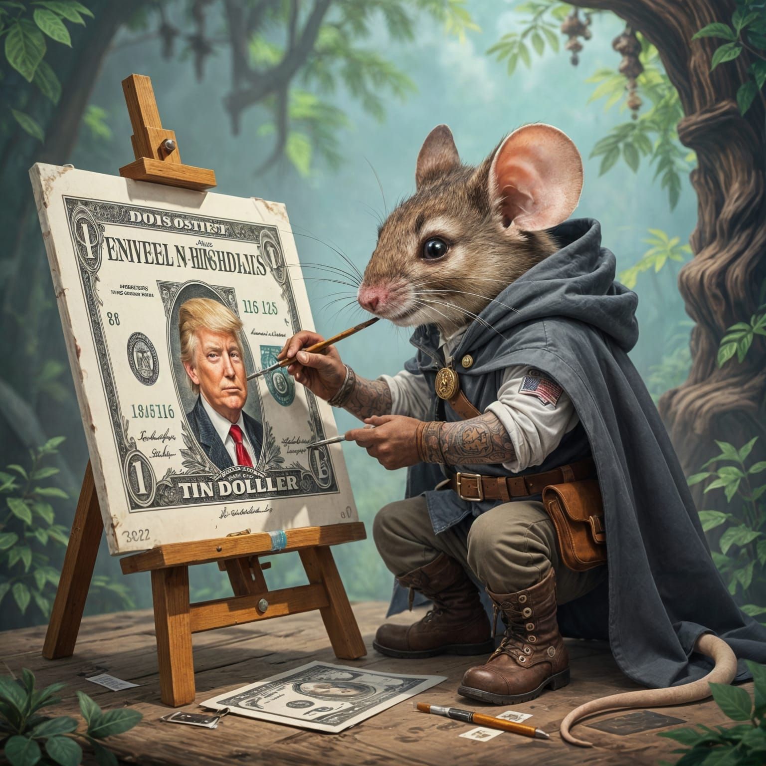 Mouse Artist Paints Dollar Bill with Trump Hair
