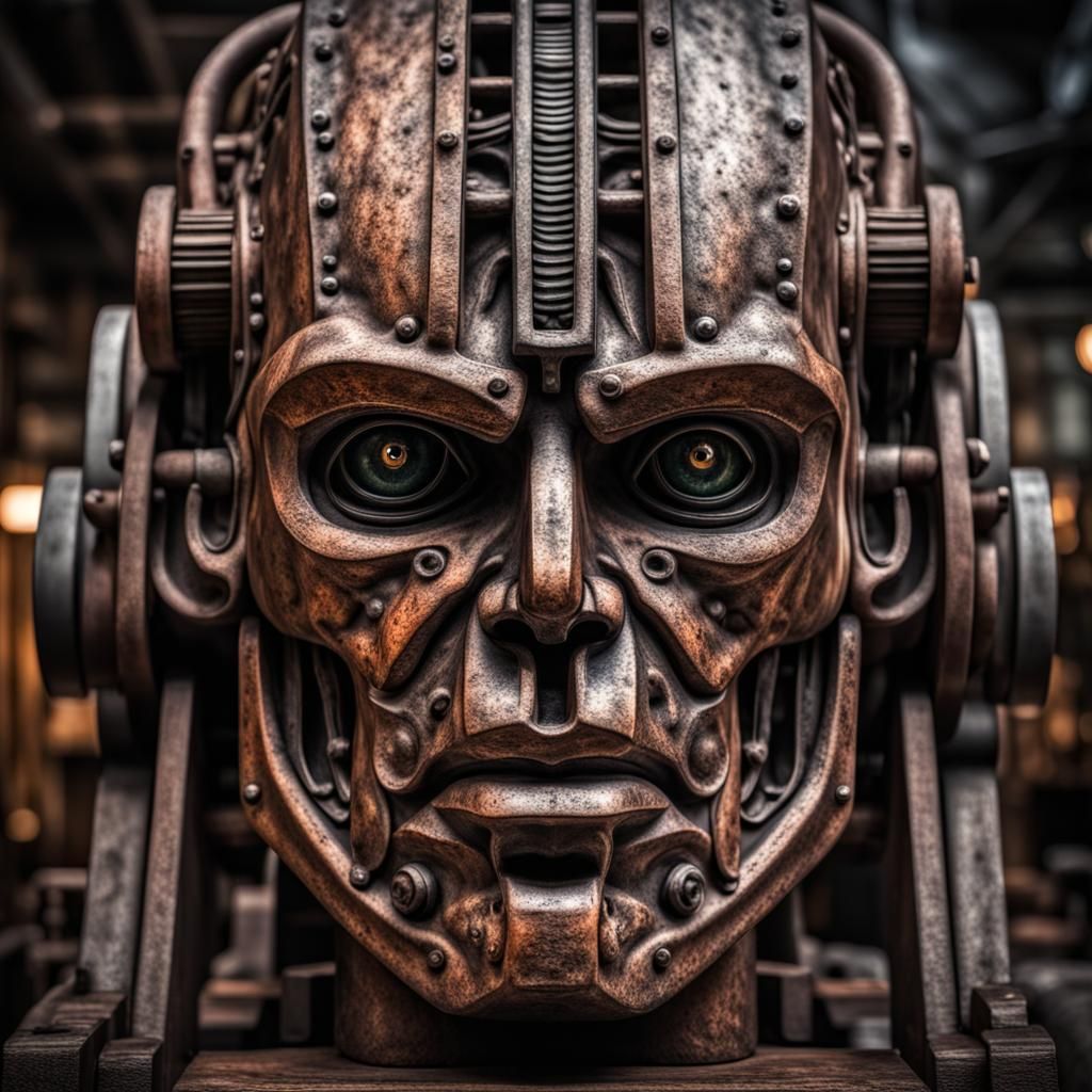 Hyperrealistic Iron Head Sculpture in High Definition