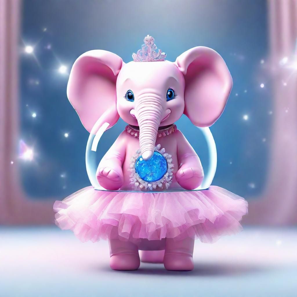 Closely focused baby pink elephant with electric blue eyes dances in ballet shoes wearing a white tutu and a rhinestone ...