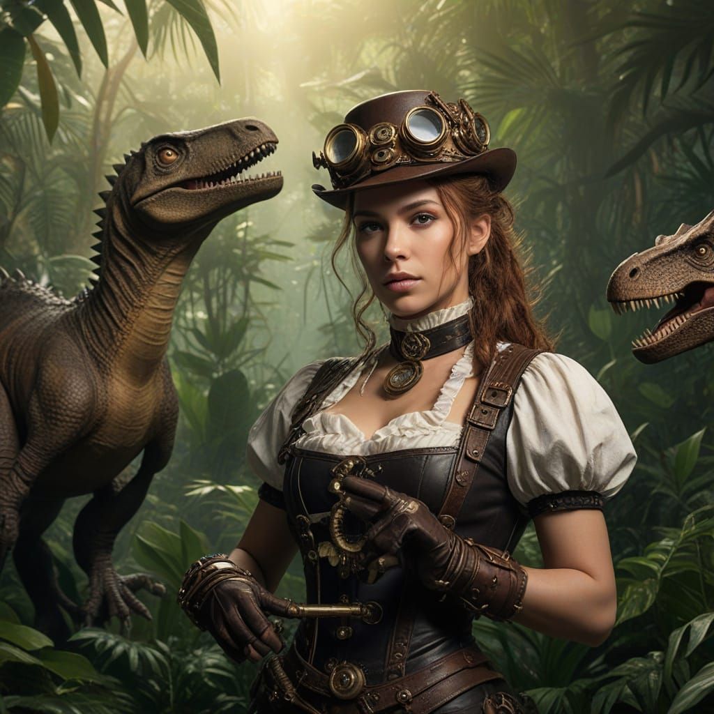 Steampunk Woman in Jungle with Dinosaurs