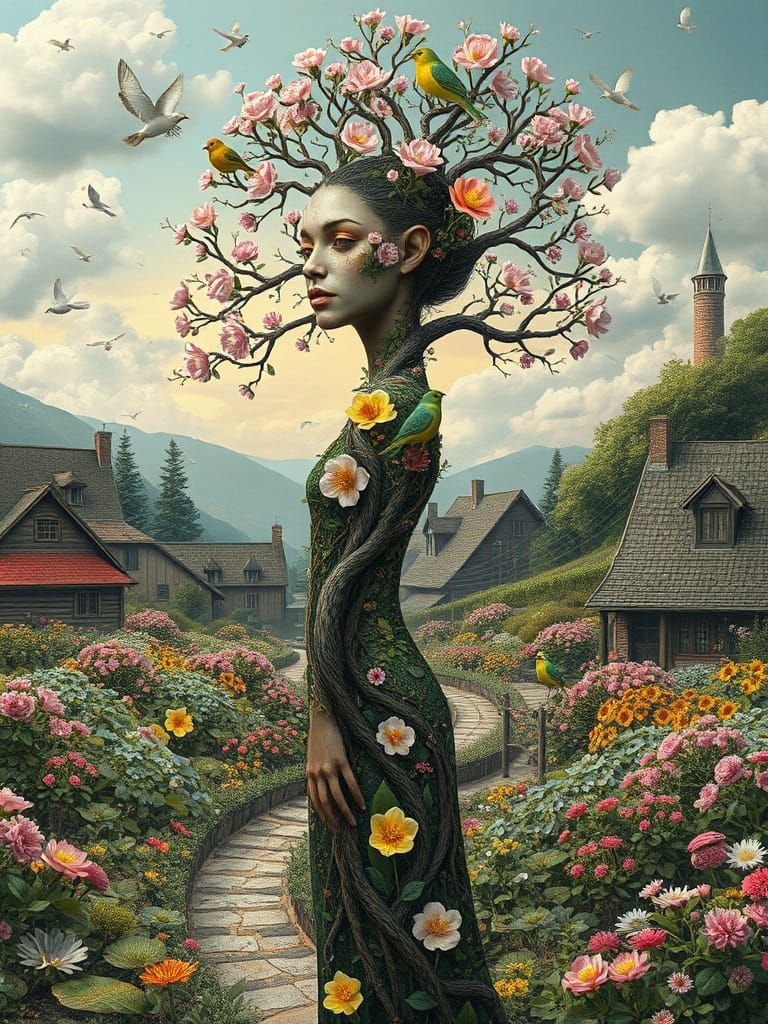 Surrealist Blooming Tree Goddess in Springtime Village