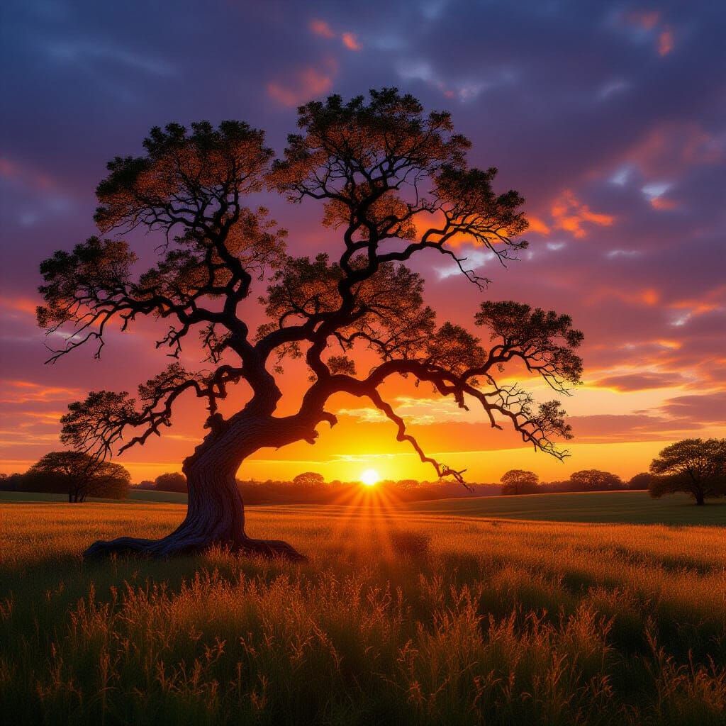 Ancient Tree Silhouetted Against Vibrant Sunset