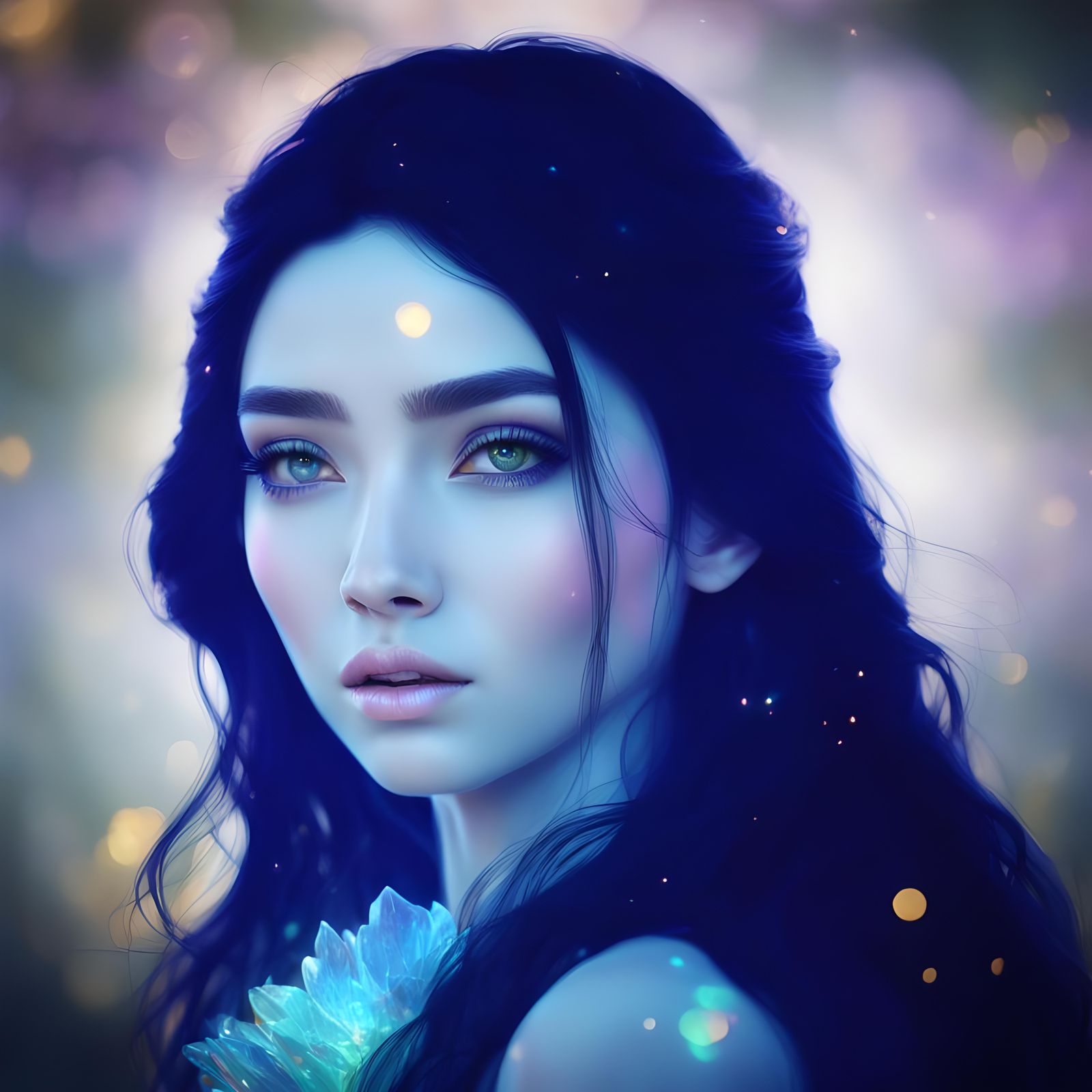 Ethereal water Nymph with long wavy jet black hair and luring purple eyes& small perky nose and Full lips& oval shaped f...