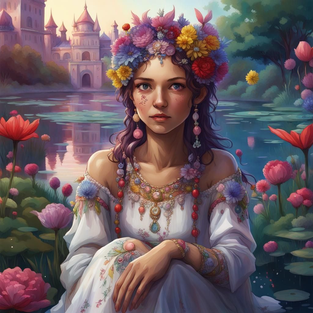 Hyperrealistic Fairy by Colorful Pond with Palace