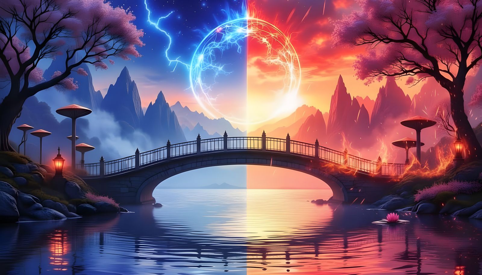 Mystical Woman Bridging Duality in Fantasy Landscape