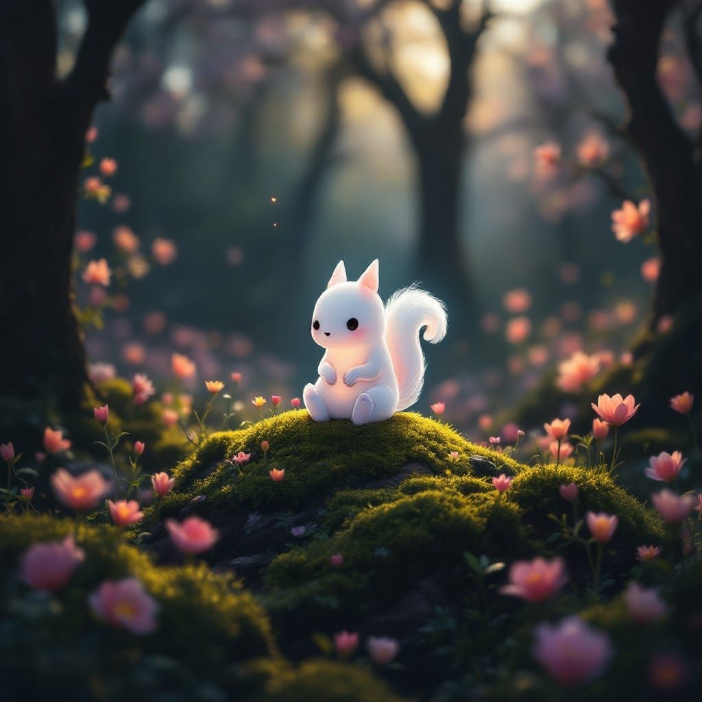 Surreal Chibi Squirrel Ghost Surrounded by Vibrant Spring Fl...