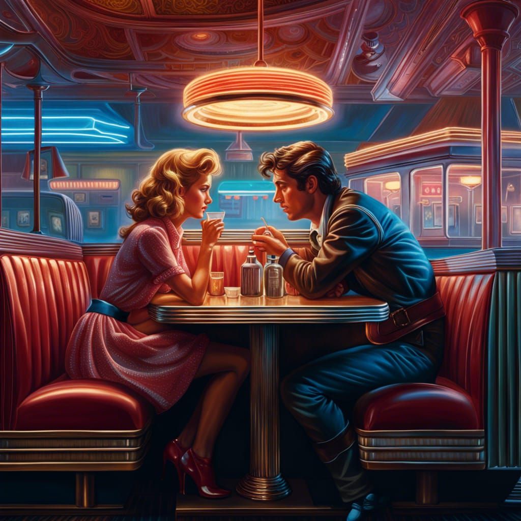 Diner Date: Young Lovers in 1980s Digital Art