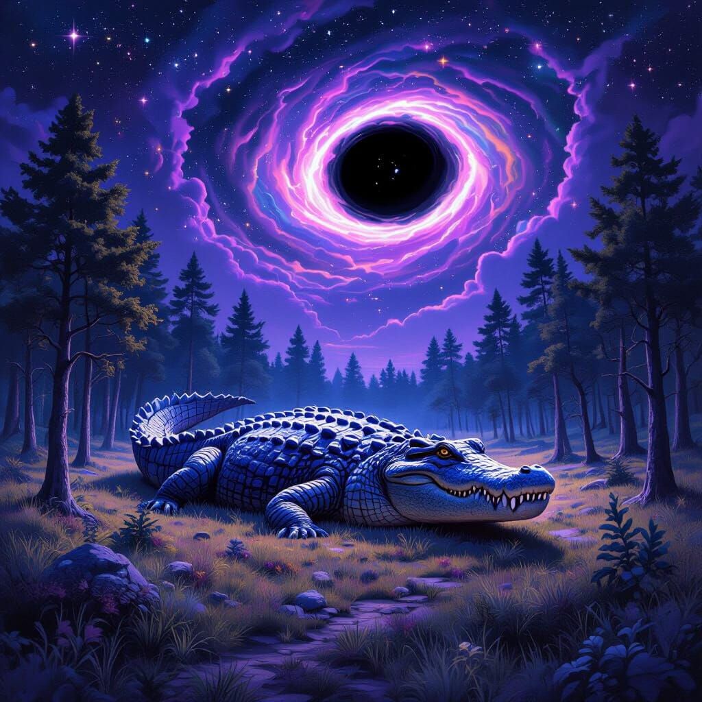 Space Crocodile in Mystical Forest Clearing
