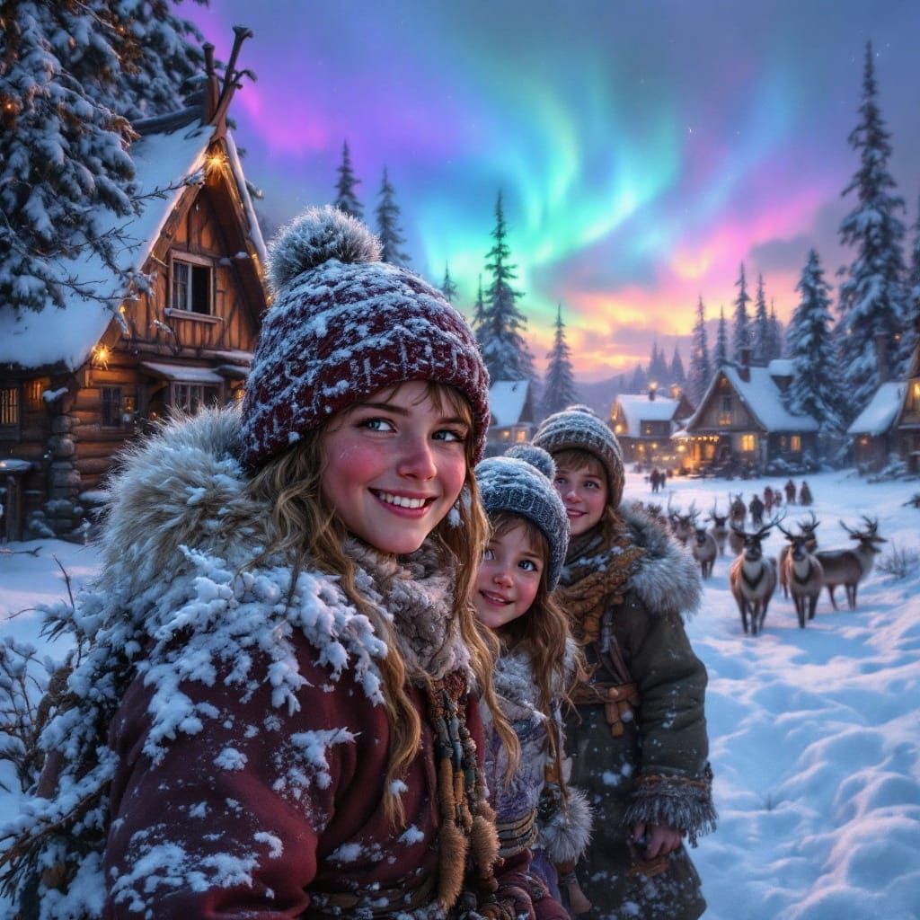Playful Lapland Children in Winter Landscape