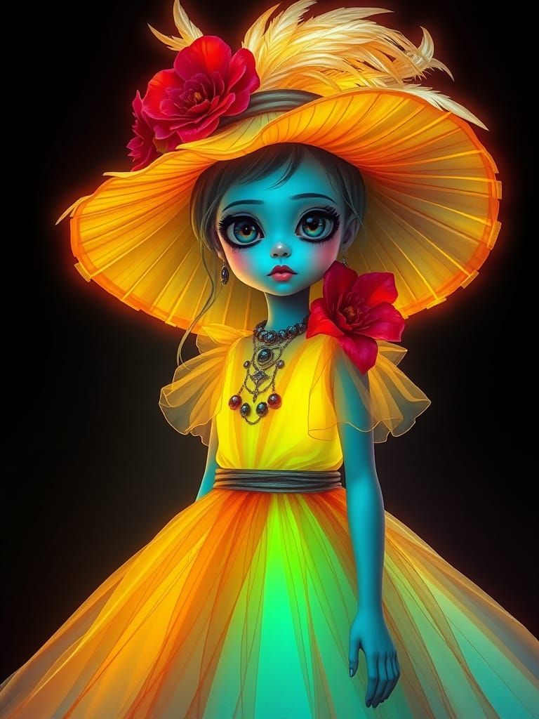 Surreal Glowing Girl in Gothic Neon Art