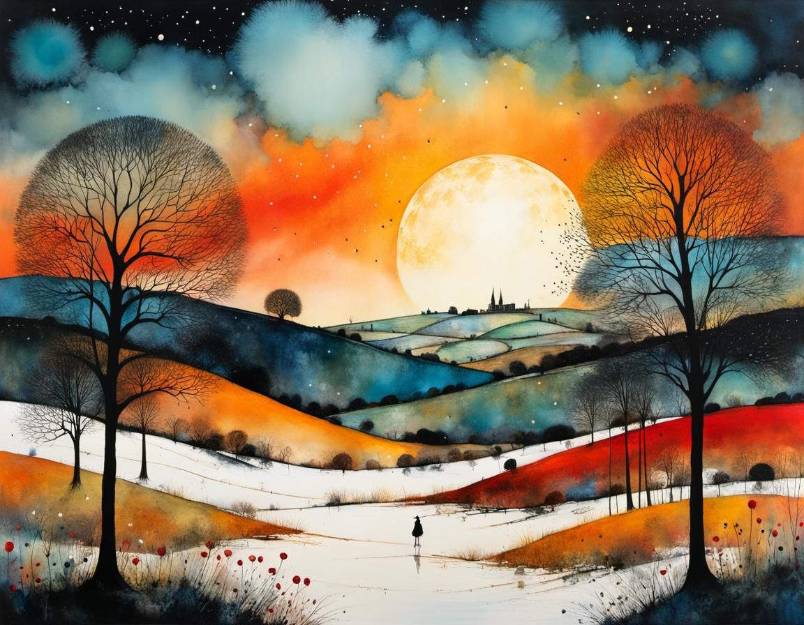 Whimsical, Dramatic Sunset Landscape with Intricate Detail