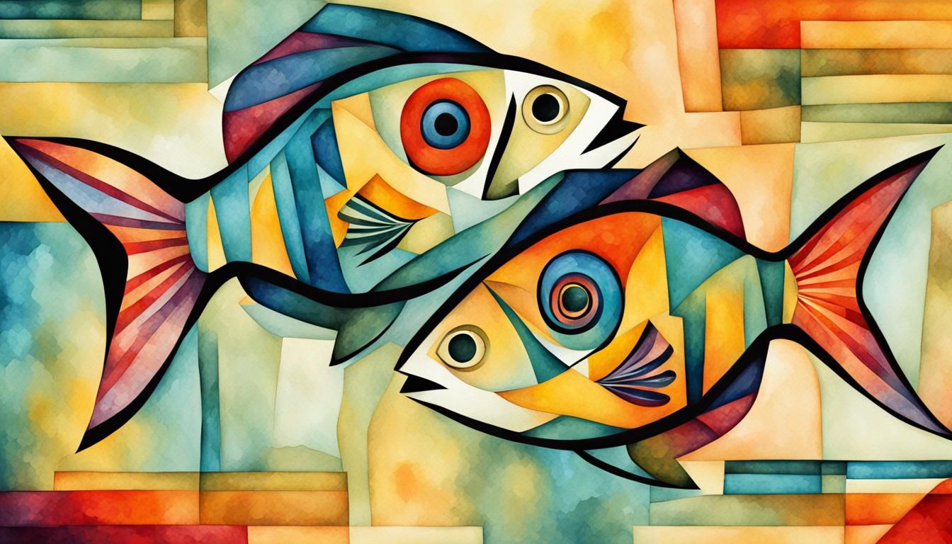 Cubist Watercolor Fish Illustration in Vivid Colors
