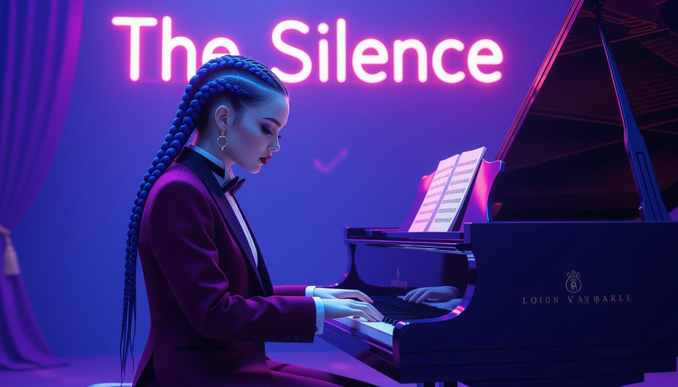 Goth Woman Plays Piano on Stage in Digital Art