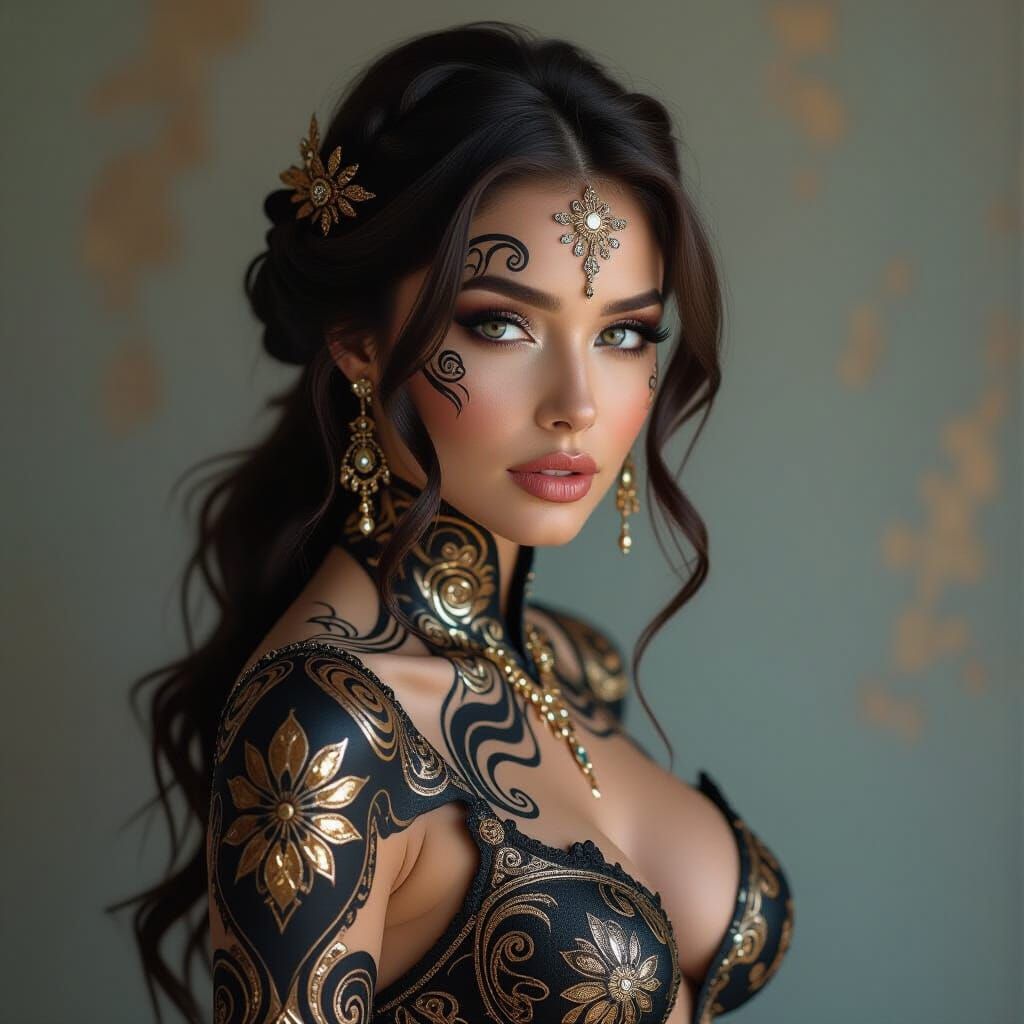 Woman in Intricate Body Paint, Hyperrealistic Airbrush Art