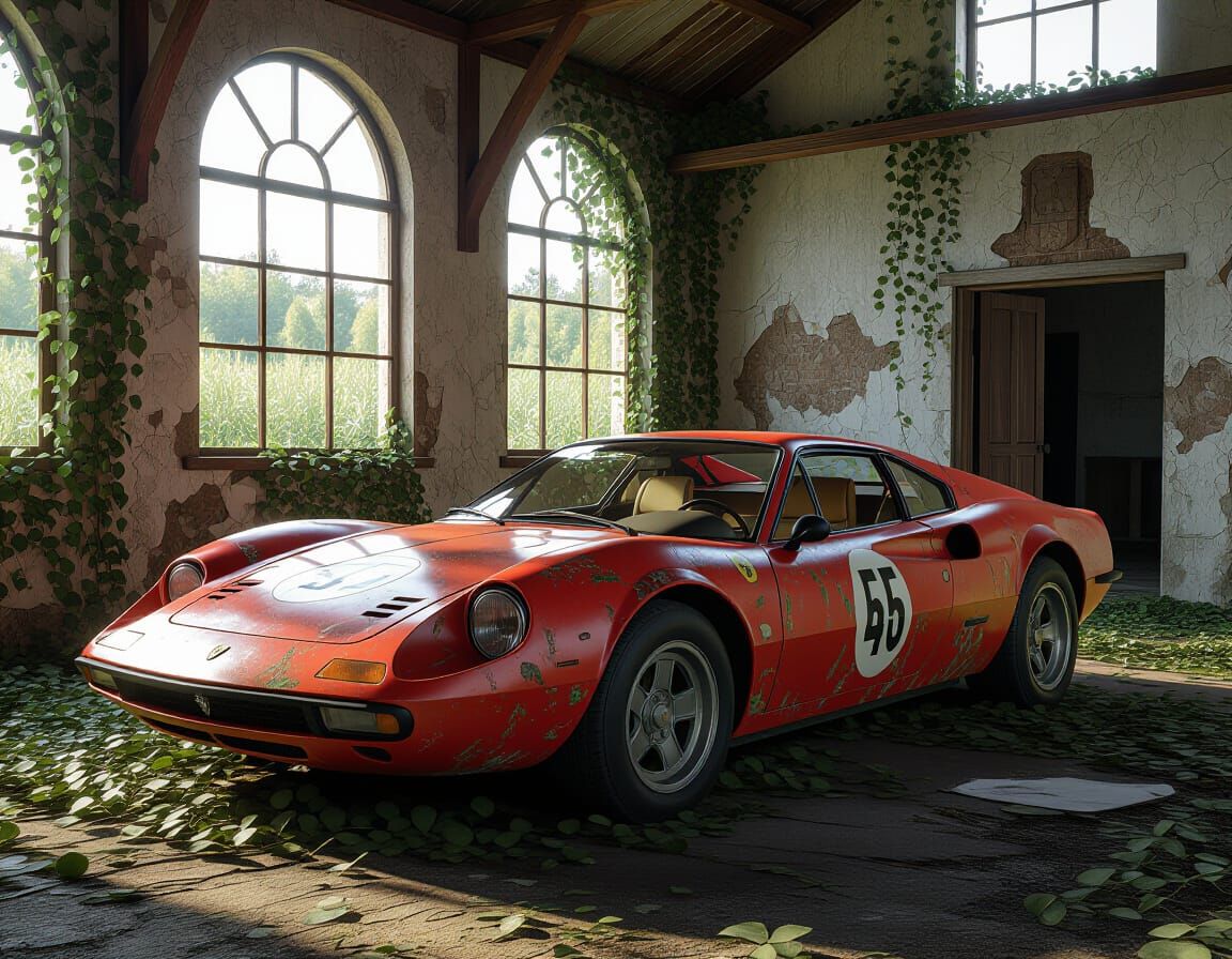 Abandoned Italian Sports Car in Derelict Farm 3D Anime Style