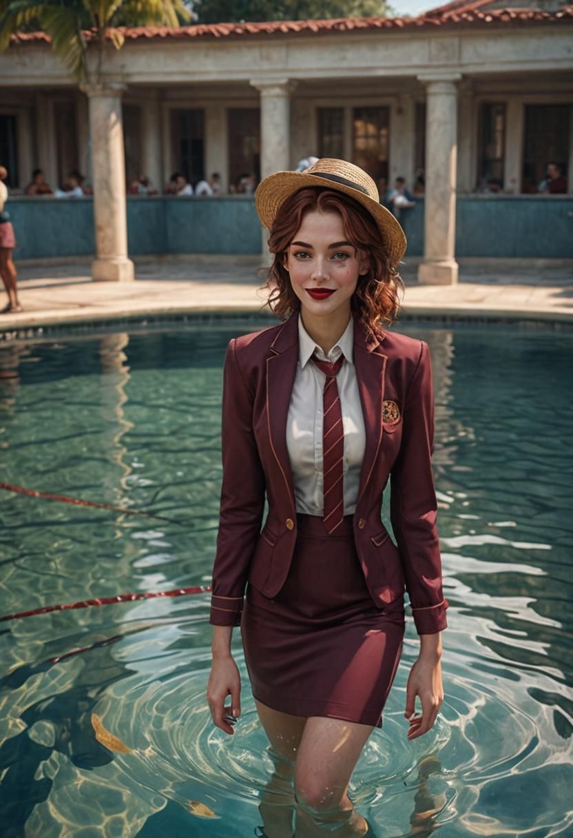 Glamorous Woman in School Uniform in Pool, Photorealistic