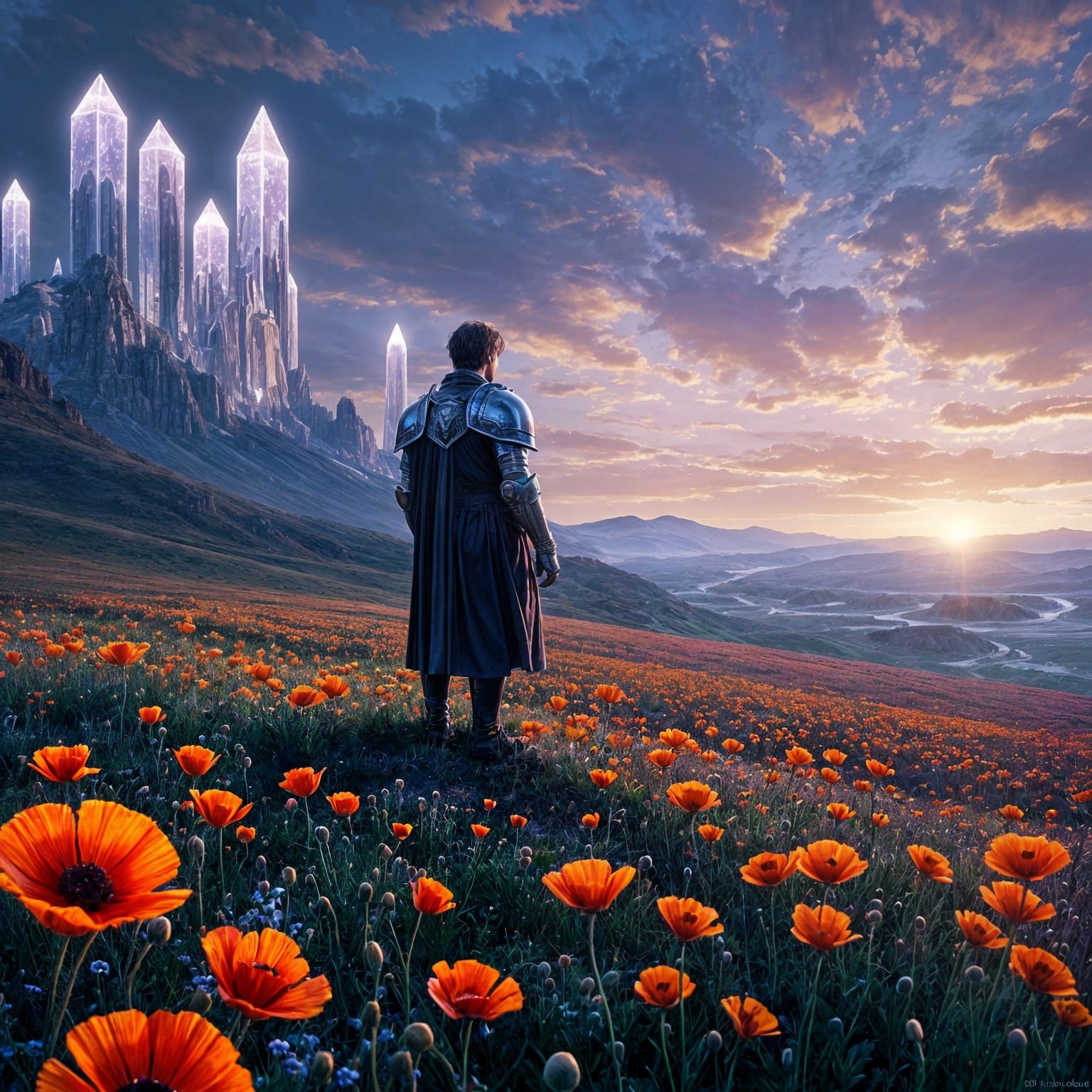 Surreal Amethyst Crystals and Knight Landscape