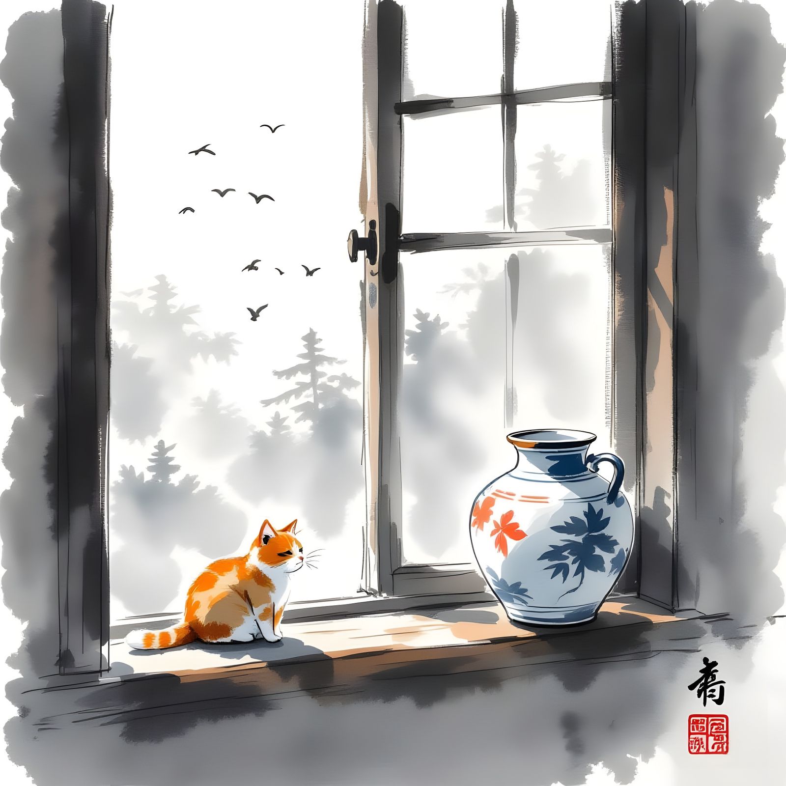 Japanese Sumi-e: Naughty Cat and Ginger Jar