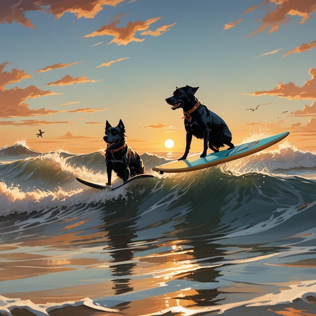 Dog Surfing at Sunset in Comic Book Style
