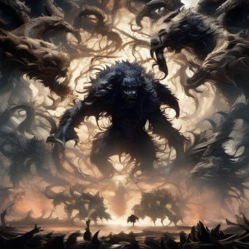 Majestic Leviathan in Mythos Style with 13 Horned Heads and ...