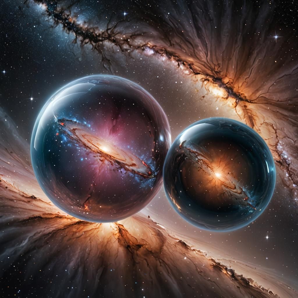 Two large spheres obscure the view in the first sphere is th...