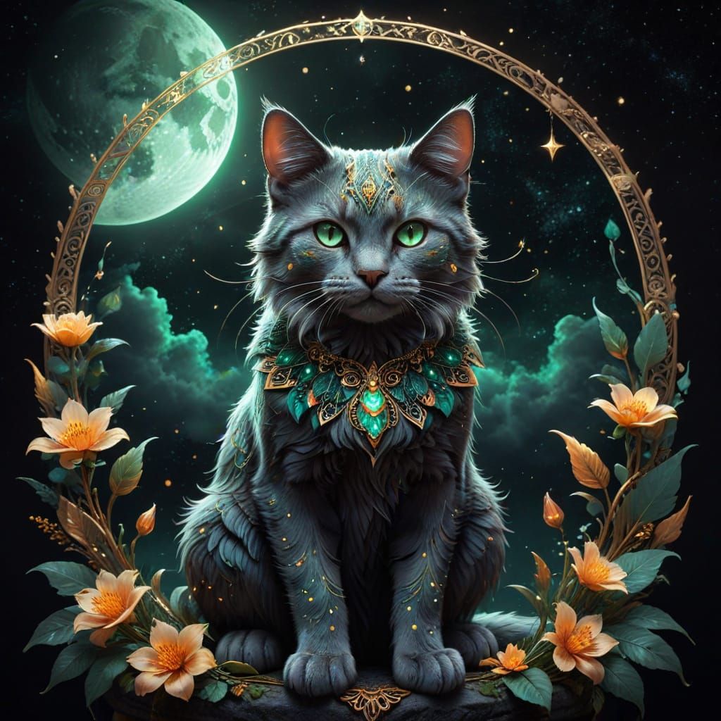 Mystical Cat with Celestial Patterns Under Moonlight