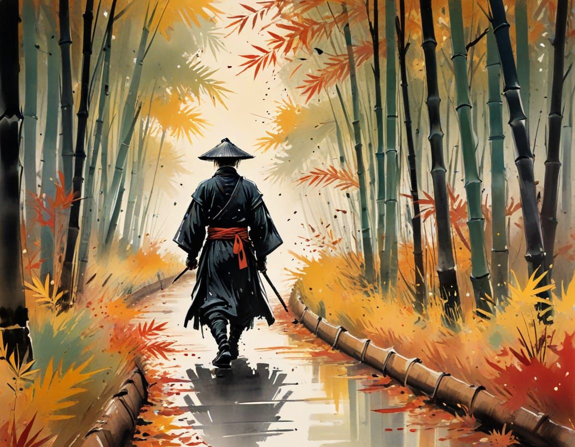 Samurai on Bamboo Path: Sumi-e Ink Painting