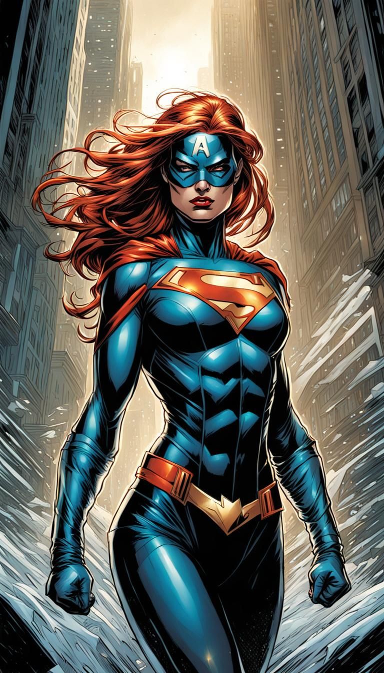 Dynamic Female Superhero in Comic Book Style