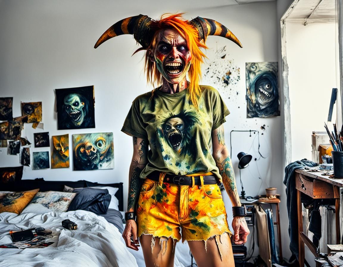 Cosplaying Girl in Bedroom: Gritty Vaporwave Oil Painting