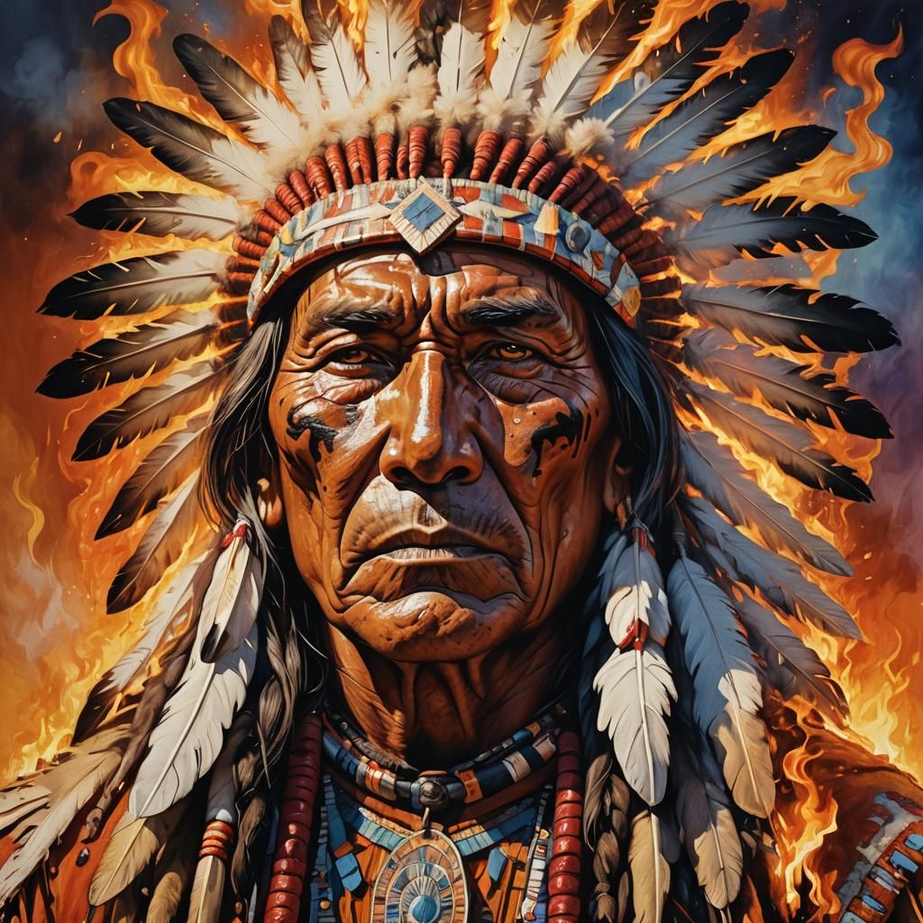 Cheyenne Chief's Face in Hyperrealistic Splash Art